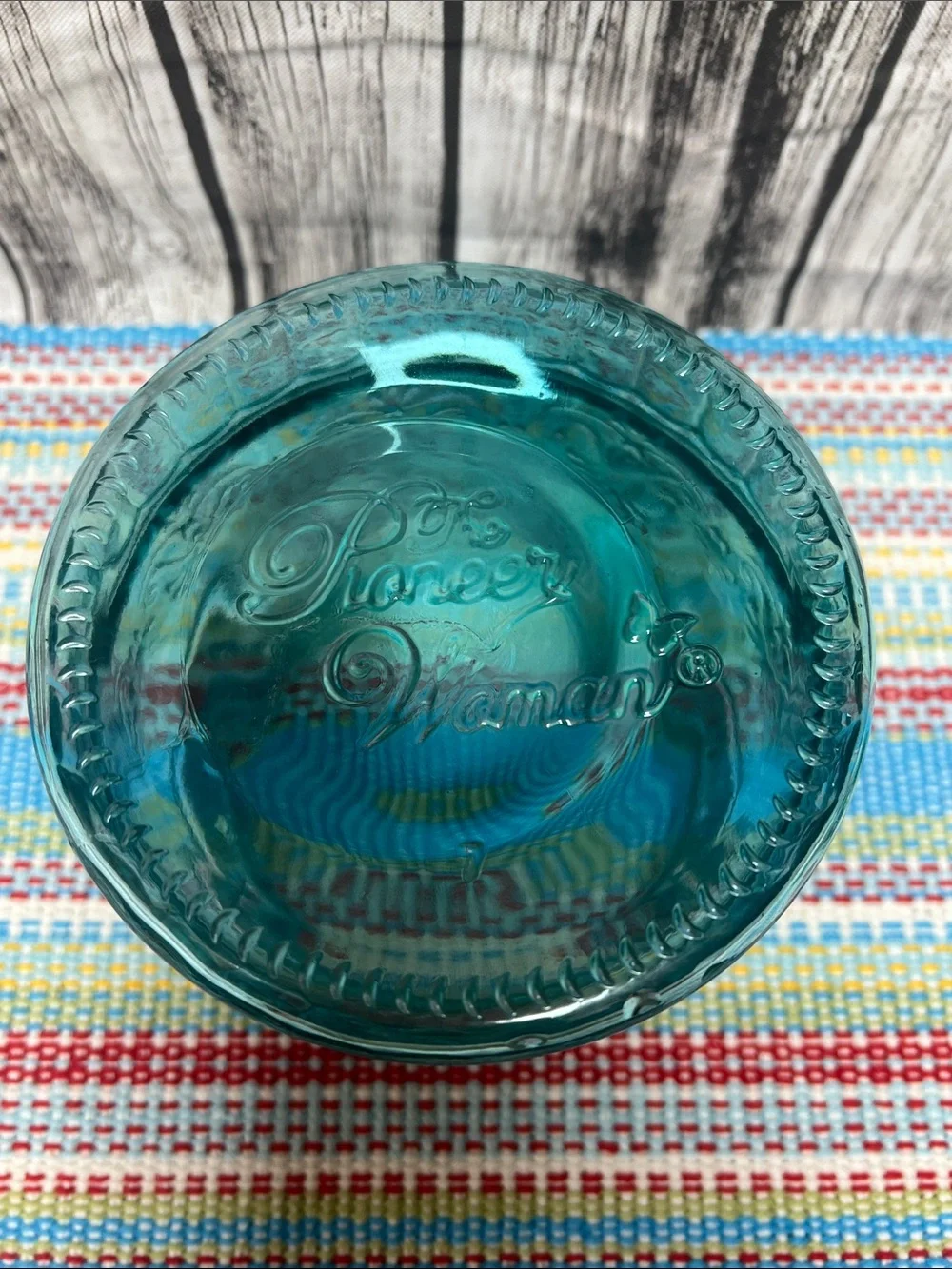 The Pioneer Woman “Cassie” glass embossed canister-small 33oz- 5”x5.75”- Teal